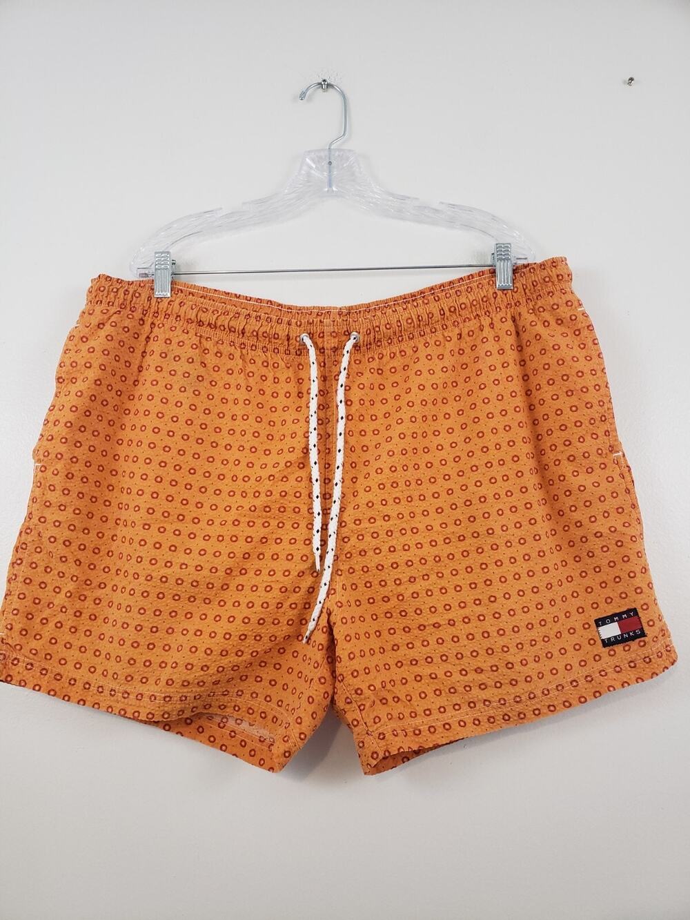 Y2K Tommy Hilfiger Swim Shorts Men's Size L Orange Seersucker Cotton Flag Dad